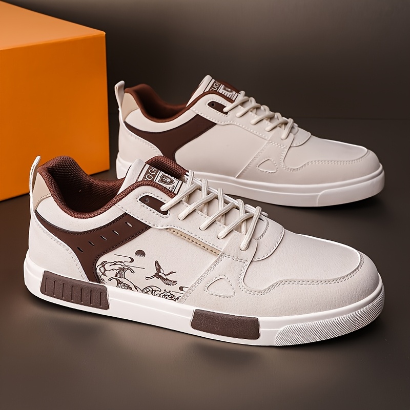 Men's Low-Top Sneakers - Slip-Resistant Rubber Sole, Breathable PU Upper & EVA Cushioning - All-Season Lace-Up Casual Shoes for Outdoor Walking, Campus & Daily Wear - Beige & Brown Collegiate Street Style (Wide Sizes Available), Slipresistant Footwear, Stylish Street Sneakers, Fabric Lined Interior - Image 5
